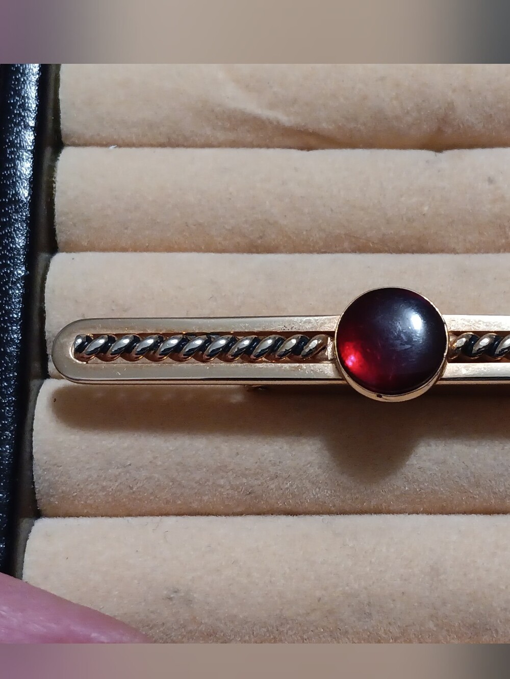 SWANK Gold Tie Bar with Deep Red Cabochon